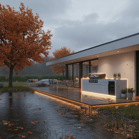 Wetterfeste Outdoorküche bei Regen vor moderner Terrasse mit herbstlichem Baum.