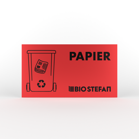 Placă roșie BIO Stefan cu simbol de reciclare și inscripția „HÂRTIE”.