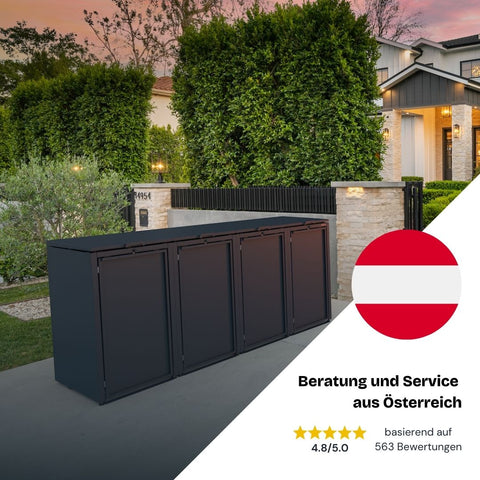 Cutie pentru tomberoane Stahlfred în design modern, dezvoltată în Austria, în fața unei case.