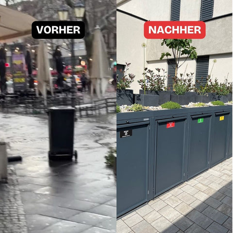 Comparație înainte și după: O singură pubelă față de cutii de colectare a gunoiului Stahlfred aranjate curat.