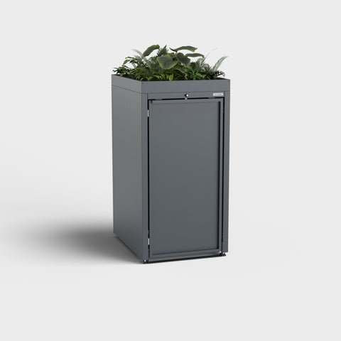 Mülltonnenbox Stahlfred mit Pflanzdach in Anthrazit.