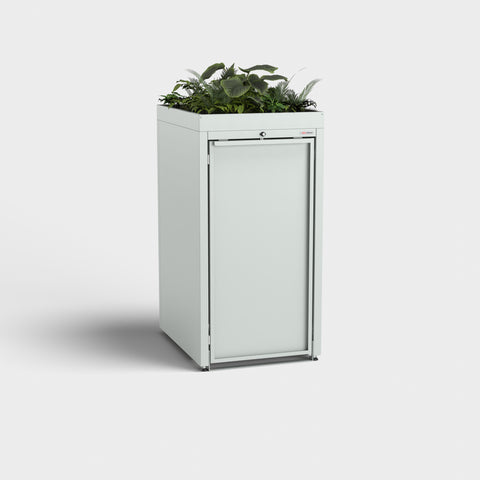 Stahlfred Mülltonnenbox RAL 7035 mit Pflanzdach.