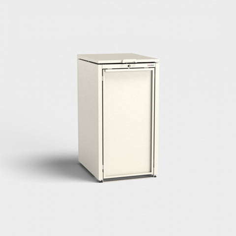 Stahlfred Mülltonnenbox in RAL9001, freistehend vor weißem Hintergrund.