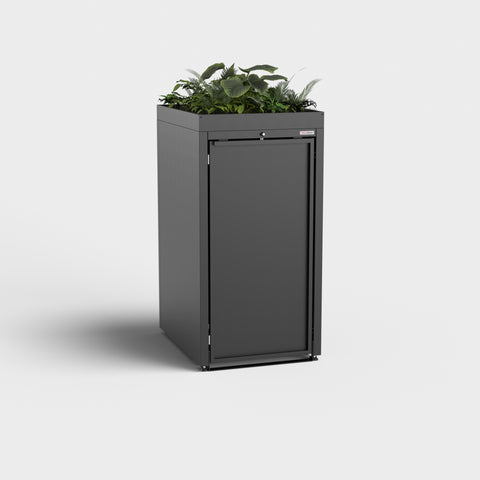 Schwarze Stahlfred Mülltonnenbox mit Pflanzdach und RAL9005 Lackierung.