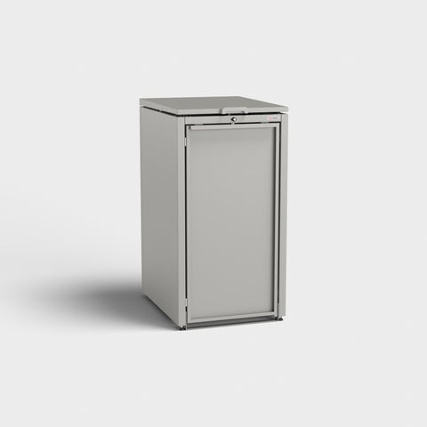 Stahlfred Mülltonnenbox RAL 9010, weiß mit Verschluss.