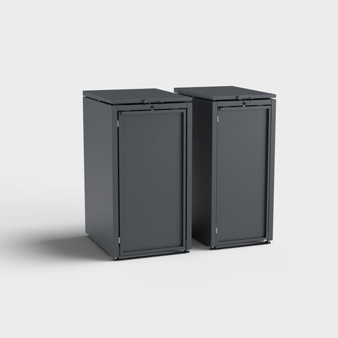 Two differently sized, anthracite-colored Stahlfred trash bin boxes.