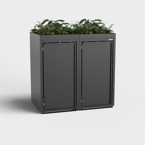 Cutie pentru tomberoane Stahlfred negre din oțel cu acoperiș pentru plante, în design minimalist.