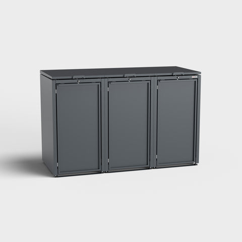 Trash bin box "Stahlfred 3" in RAL 7016 Anthracite Gray made of metal, with three compartments.