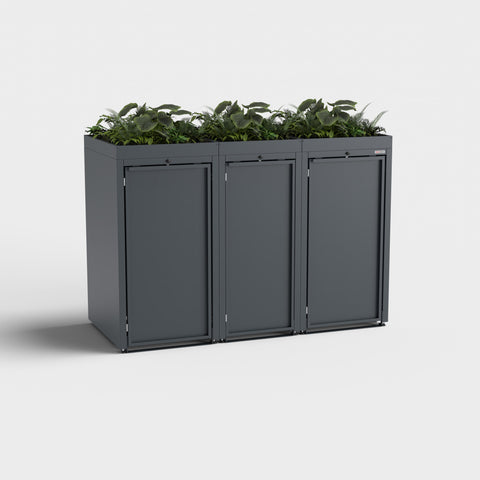 Stahlfred garbage bin box 3 boxes in RAL 7016 with plant roof.