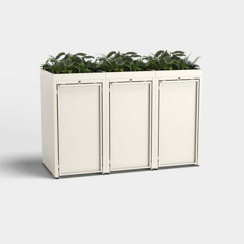 Dreifache Stahlfred-Mülltonnenbox RAL9001 mit Pflanzdach.