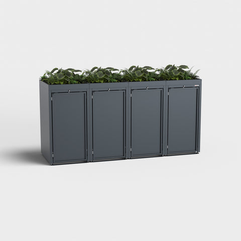 Grijze Stahlfred afvalcontainerbox voor 4 containers met planten dak RAL7016.