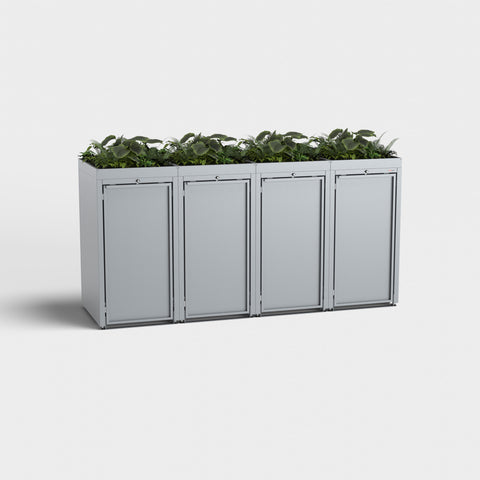 Stahlfred afvalcontainerbox voor 4 containers in RAL7045 met plantendak.