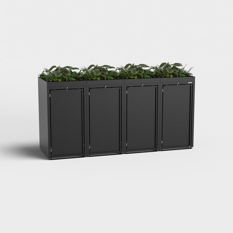 Zwarte 4-vaks Mülltonnenbox Stahlfred RAL9005 met plantendak.
