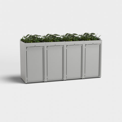 Stahlfred 4er afvalcontainerbox met plantendak in RAL 9007.