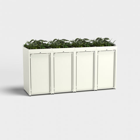 Witte Stahlfred afvalcontainerbox met plantendak voor vier containers in RAL 9010.