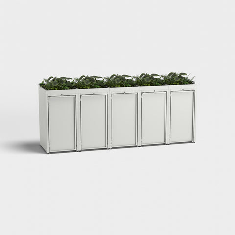 Five RAL9016 Stahlfred garbage bin boxes with plant roof.