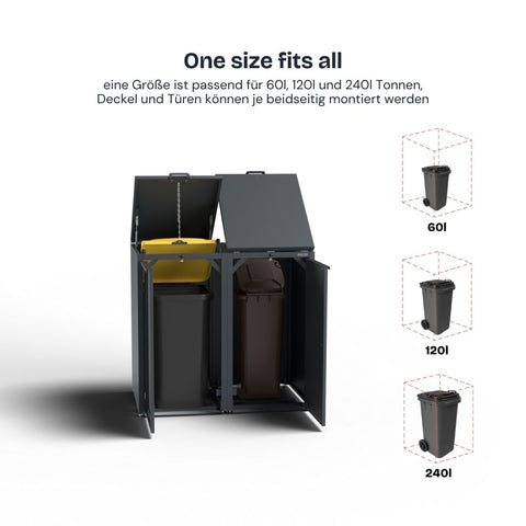 Cutie pentru tomberoane Stahlfred pentru tomberoane de 60L, 120L și 240L cu capace și uși montabile lateral.