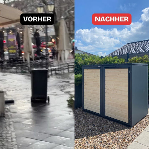 Comparison: Previously unprotected trash bin, afterwards in BIO Stefan trash bin box.