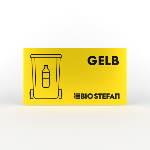 Fundal galben cu un coș de gunoi stilizat, textul GALBEN, logo-ul BIO STEFAN.