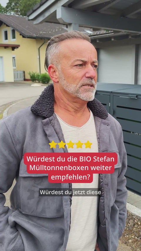 Mann vor BIO Stefan Mülltonnenbox, eingeblendeter Text: „Würdest du die BIO Stefan Mülltonnenboxen weiter empfehlen? Würdest du jetzt diese“